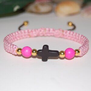 Cross Bracelet,Gemstone Beads,Braided Bracelet,Pink Bracelet